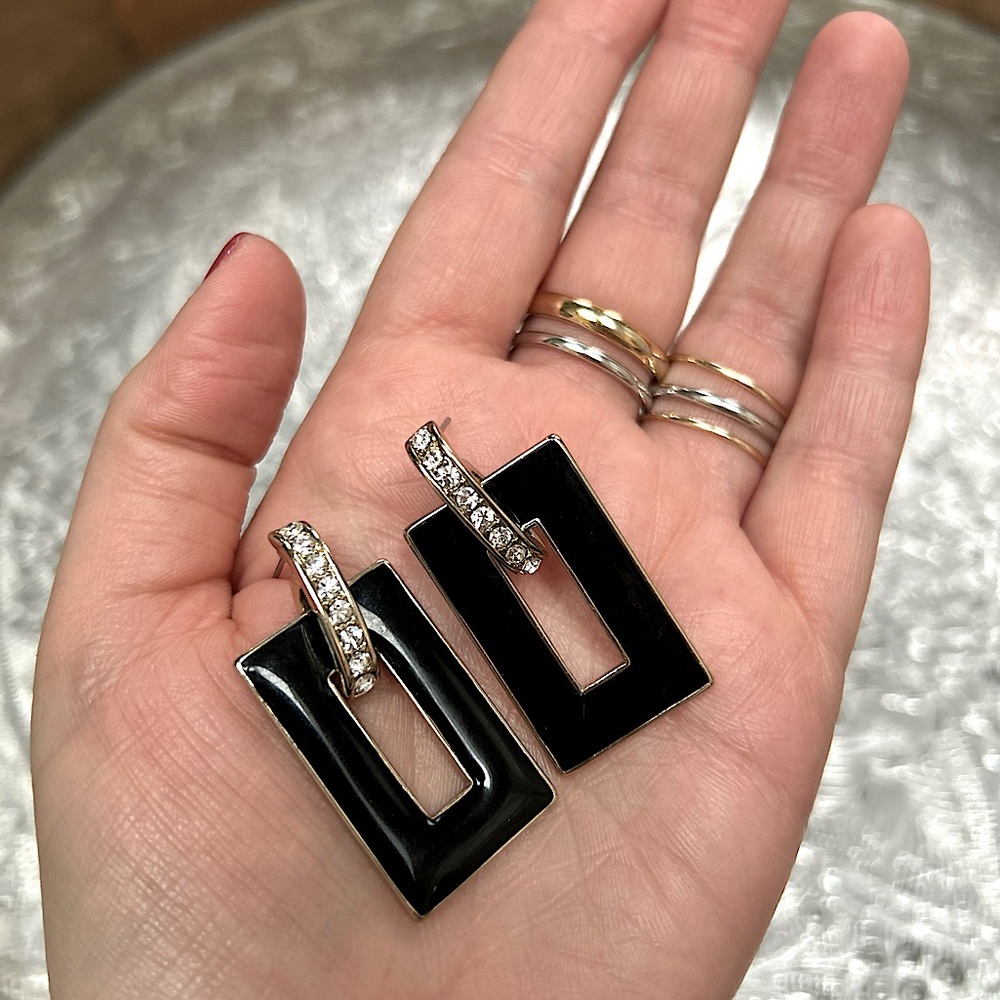 Geometric Black + Gold Tone Rectangle Earrings